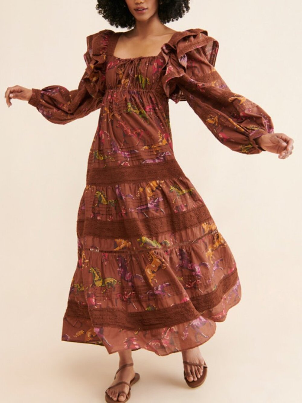 Farm Rio Dotted Horse Tiered Cotton Maxi Dress Size S - Picture 2 of 7